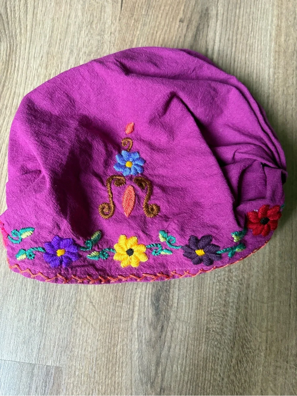 Unique Batik Embroidered Magenta Floral Headwrap Handmade 100% Cotton